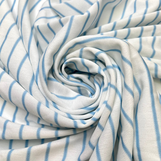 Just A Dash Of Blue - Polyester Blend Knit - Light White/Blue Pinstripe - 0.7M Bundle - True Deadstock fabric Fabric by private - Sustainable Textile | FABCYCLE