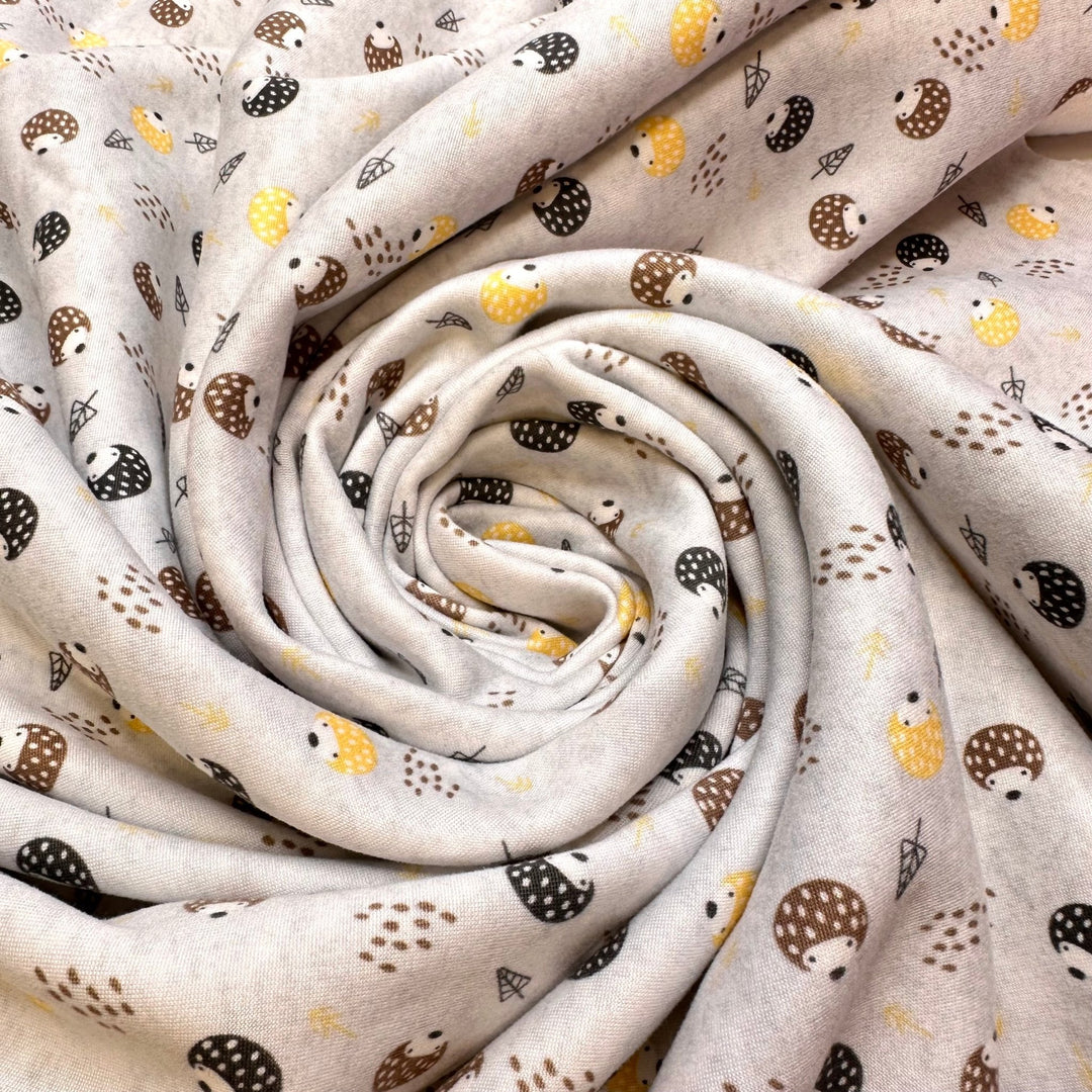 Keeping Critters Out Of The Food - Jersey Fleece Polyester Blend Knit - Light Grey Multi Hedgehogs - 2.1M Bundle - True Deadstock fabric Fabric by private - Sustainable Textile | FABCYCLE