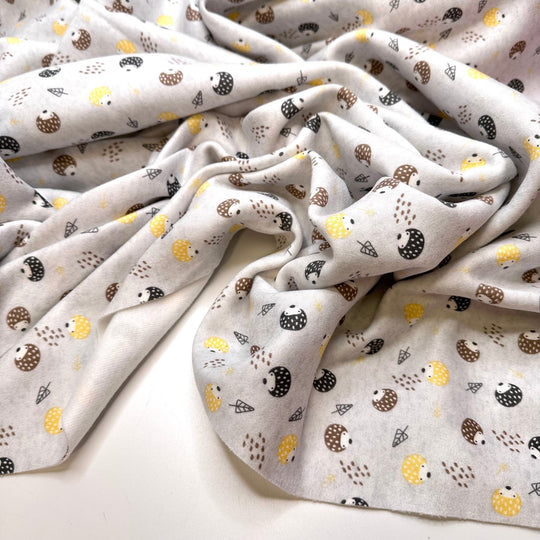Keeping Critters Out Of The Food - Jersey Fleece Polyester Blend Knit - Light Grey Multi Hedgehogs - 2.1M Bundle - True Deadstock fabric Fabric by private - Sustainable Textile | FABCYCLE