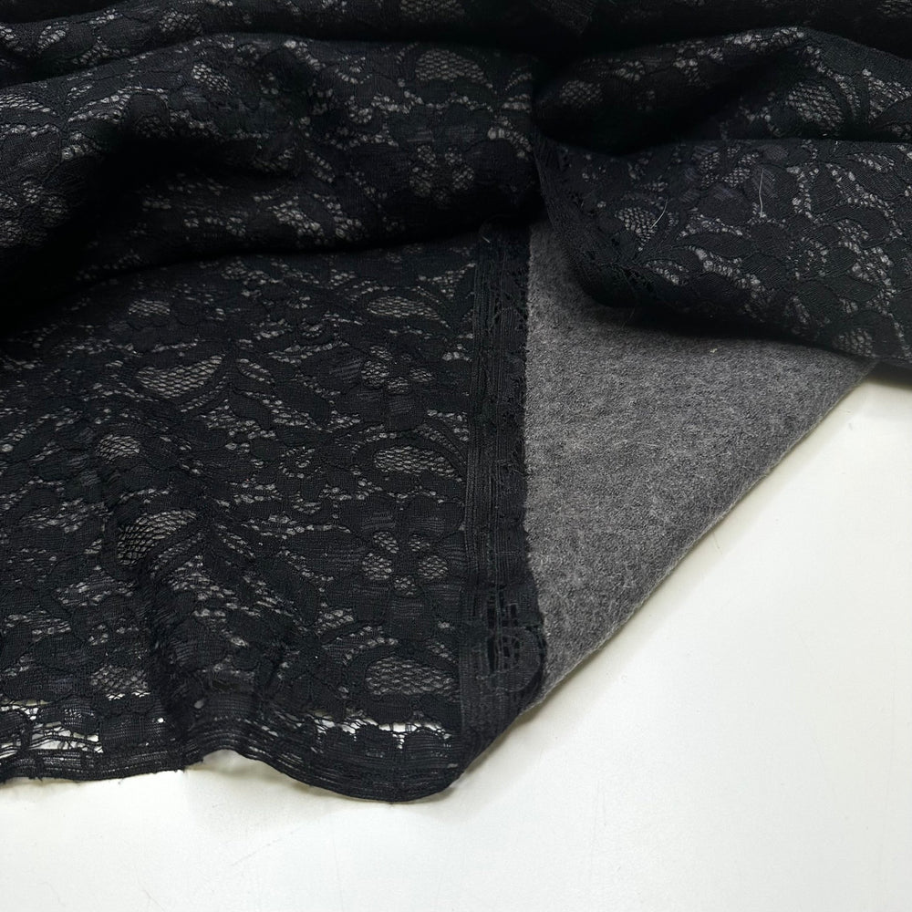 Killer Coat - Lace With Wool Backing Wool Blend Knit - Grey/Black Floral - 1.9M Bundle - True Deadstock fabric Fabric by private - Sustainable Textile | FABCYCLE