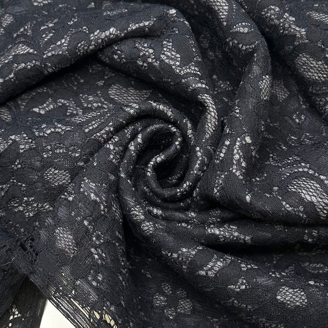Killer Coat - Lace With Wool Backing Wool Blend Knit - Grey/Black Floral - 1.9M Bundle - True Deadstock fabric Fabric by private - Sustainable Textile | FABCYCLE