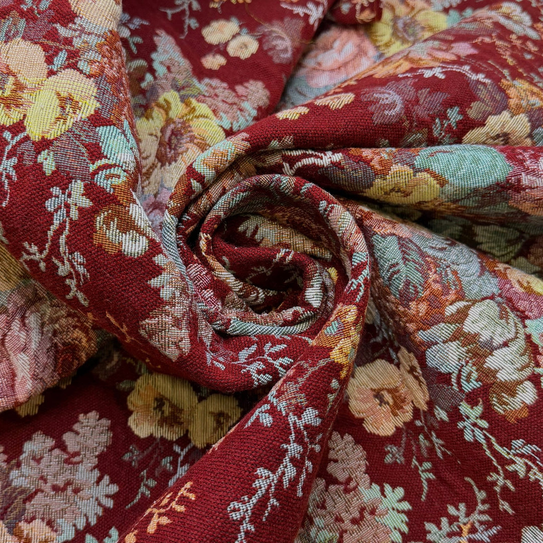 King Cake - Polyester Blend Woven - Burgundy Multi Floral - 2.6M Bundle - True Deadstock fabric Fabric by private - Sustainable Textile | FABCYCLE