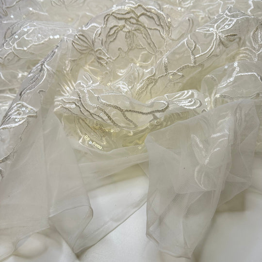 Lacey Scrap Grab Bag - Embroidered With Sequins Mesh Poly Knit - White/Cream Floral - 1 LB Pack - True Deadstock fabric Fabric by private - Sustainable Textile | FABCYCLE