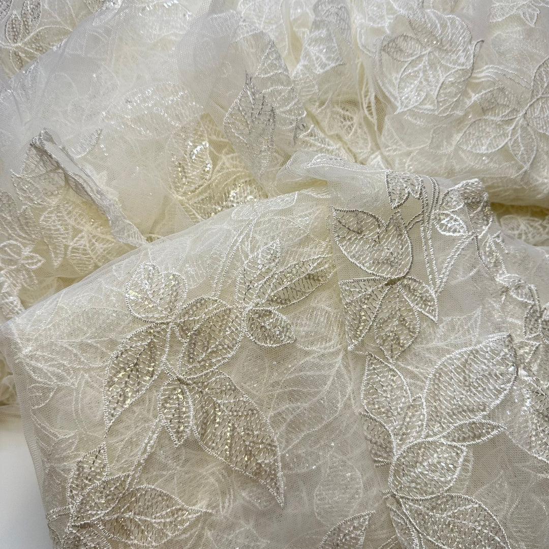 Lacey Scrap Grab Bag - Embroidered With Sequins Mesh Poly Knit - White/Cream Floral - 1 LB Pack - True Deadstock fabric Fabric by private - Sustainable Textile | FABCYCLE