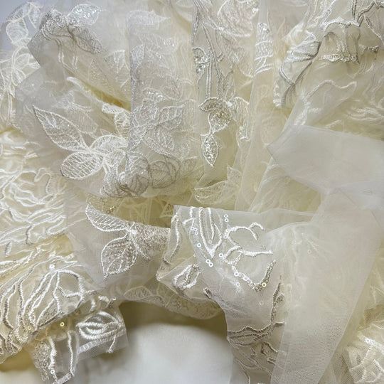 Lacey Scrap Grab Bag - Embroidered With Sequins Mesh Poly Knit - White/Cream Floral - 1 LB Pack - True Deadstock fabric Fabric by private - Sustainable Textile | FABCYCLE
