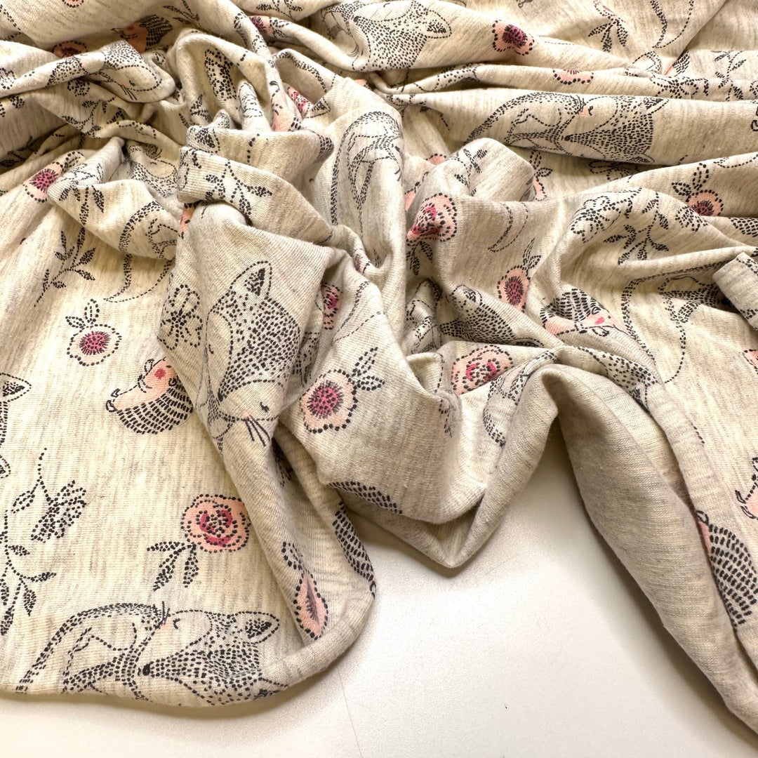 Leave Things Better Than You Found It - Jersey Cotton Blend Knit - Light Grey Multi Foxes And Hedgehogs - 0.95M Bundle - True Deadstock fabric Fabric by private - Sustainable Textile | FABCYCLE