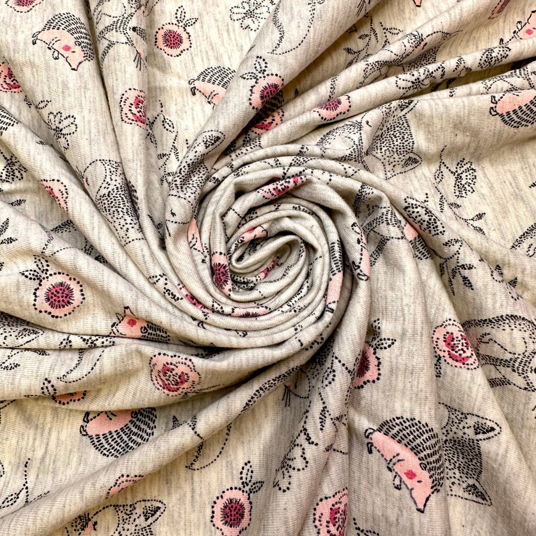 Leave Things Better Than You Found It - Jersey Cotton Blend Knit - Light Grey Multi Foxes And Hedgehogs - 0.95M Bundle - True Deadstock fabric Fabric by private - Sustainable Textile | FABCYCLE