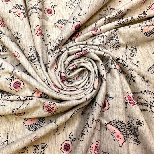 Leave Things Better Than You Found It - Jersey Cotton Blend Knit - Light Grey Multi Foxes And Hedgehogs - 0.95M Bundle - True Deadstock fabric Fabric by private - Sustainable Textile | FABCYCLE