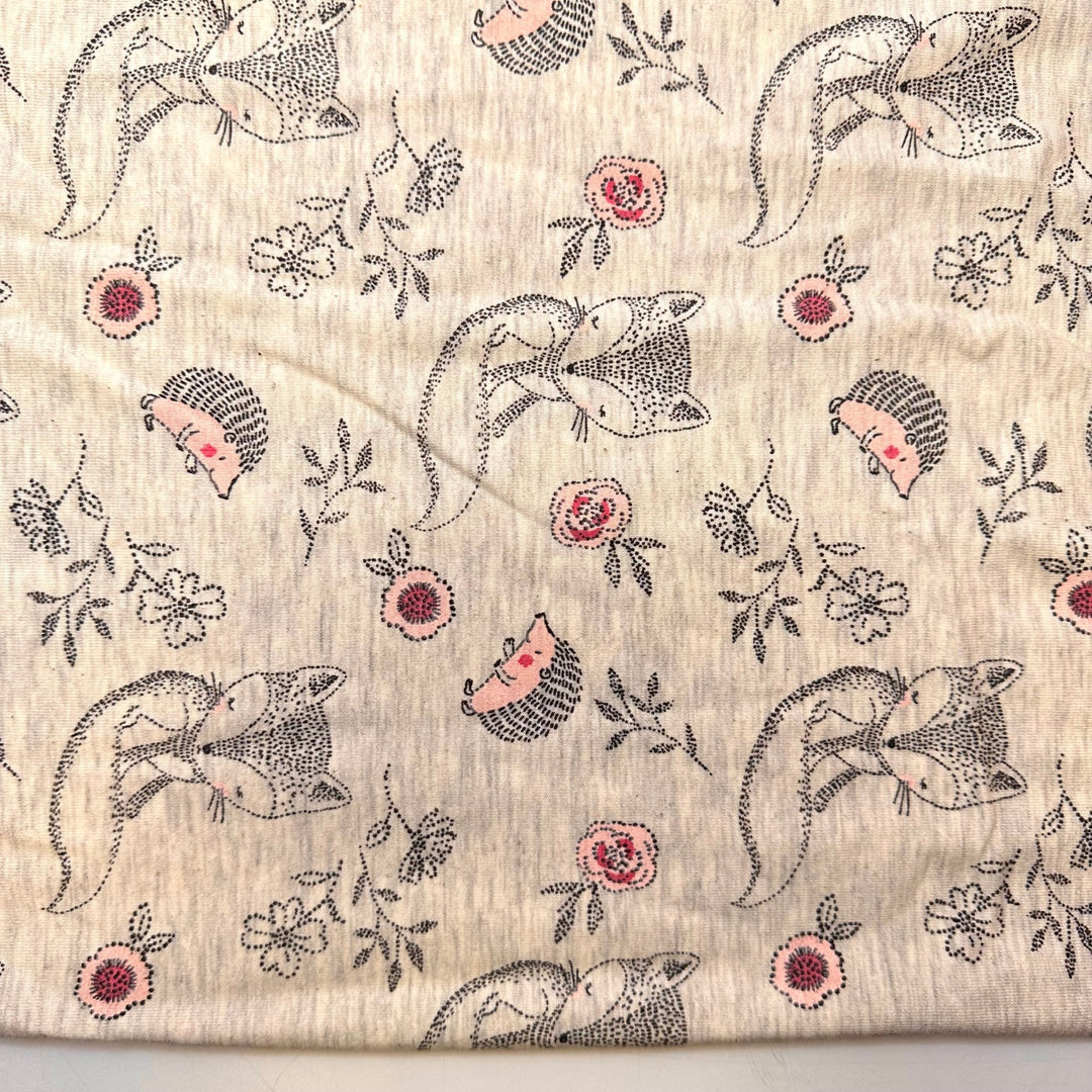 Leave Things Better Than You Found It - Jersey Cotton Blend Knit - Light Grey Multi Foxes And Hedgehogs - 0.95M Bundle - True Deadstock fabric Fabric by private - Sustainable Textile | FABCYCLE