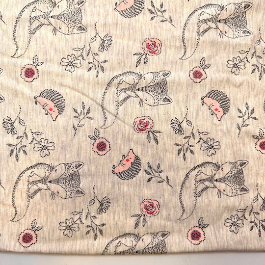 Leave Things Better Than You Found It - Jersey Cotton Blend Knit - Light Grey Multi Foxes And Hedgehogs - 0.95M Bundle - True Deadstock fabric Fabric by private - Sustainable Textile | FABCYCLE