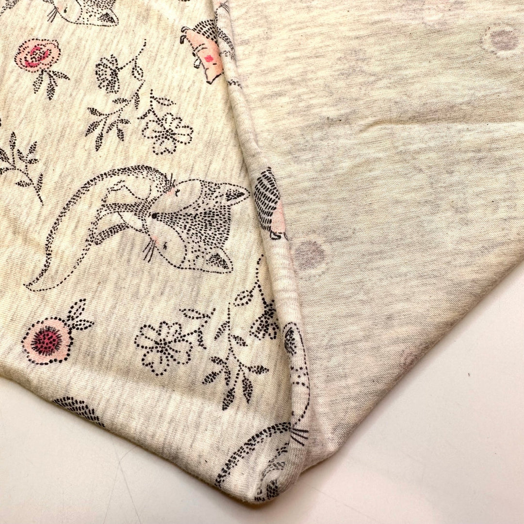Leave Things Better Than You Found It - Jersey Cotton Blend Knit - Light Grey Multi Foxes And Hedgehogs - 0.95M Bundle - True Deadstock fabric Fabric by private - Sustainable Textile | FABCYCLE