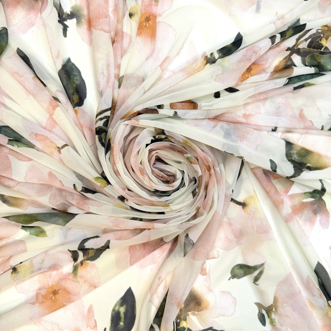Les Fleur - Mesh Poly/Spandex Knit - Cream/Pink Floral - Bundles - True Deadstock fabric Fabric by private - Sustainable Textile | FABCYCLE