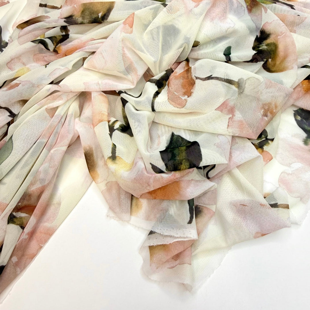 Les Fleur - Mesh Poly/Spandex Knit - Cream/Pink Floral - Bundles - True Deadstock fabric Fabric by private - Sustainable Textile | FABCYCLE