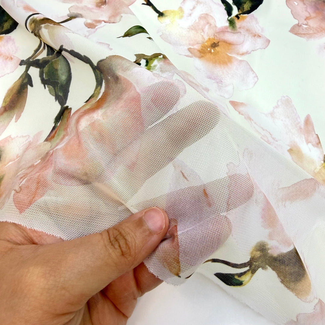 Les Fleur - Mesh Poly/Spandex Knit - Cream/Pink Floral - Bundles - True Deadstock fabric Fabric by private - Sustainable Textile | FABCYCLE