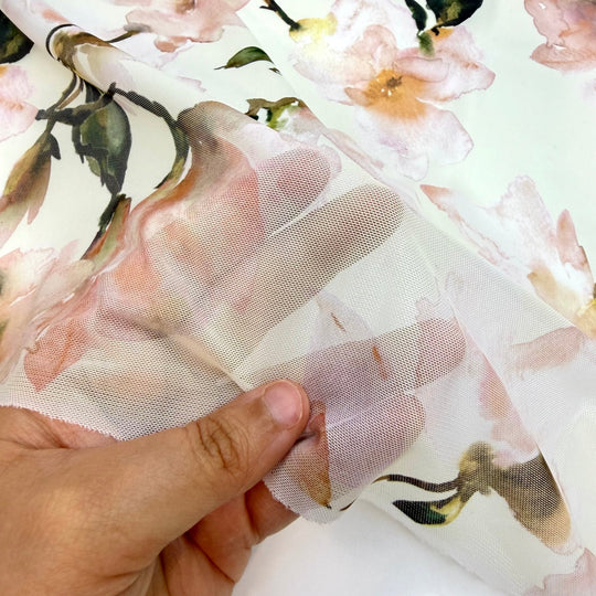 Les Fleur - Mesh Poly/Spandex Knit - Cream/Pink Floral - Bundles - True Deadstock fabric Fabric by private - Sustainable Textile | FABCYCLE