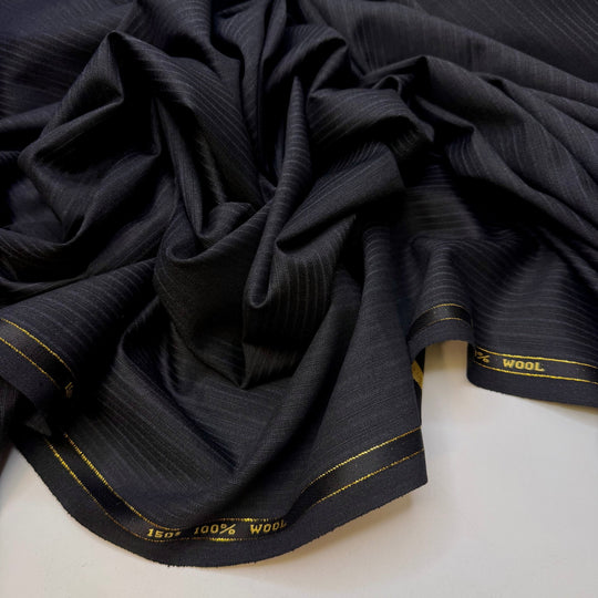 Licorice Obsidian - Pinstripe Wool Woven - Black/Blue Pinstripe - 1.4M Bundle - True Deadstock fabric Fabric by private - Sustainable Textile | FABCYCLE