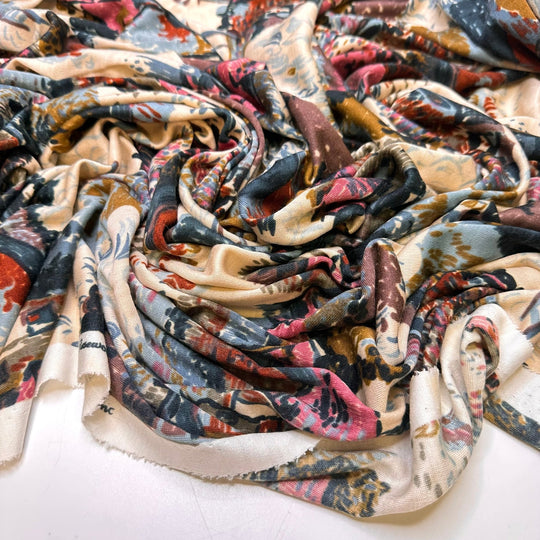 Life Back To The Village - Polyester Blend Knit - Dark Cream Multi Painted Houses - 1.4M Bundle - True Deadstock fabric Fabric by private - Sustainable Textile | FABCYCLE