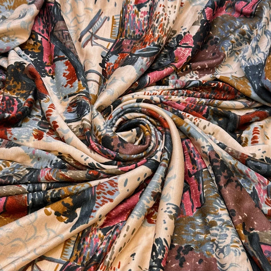 Life Back To The Village - Polyester Blend Knit - Dark Cream Multi Painted Houses - 1.4M Bundle - True Deadstock fabric Fabric by private - Sustainable Textile | FABCYCLE