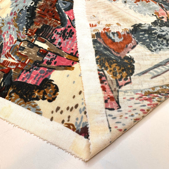 Life Back To The Village - Polyester Blend Knit - Dark Cream Multi Painted Houses - 1.4M Bundle - True Deadstock fabric Fabric by private - Sustainable Textile | FABCYCLE