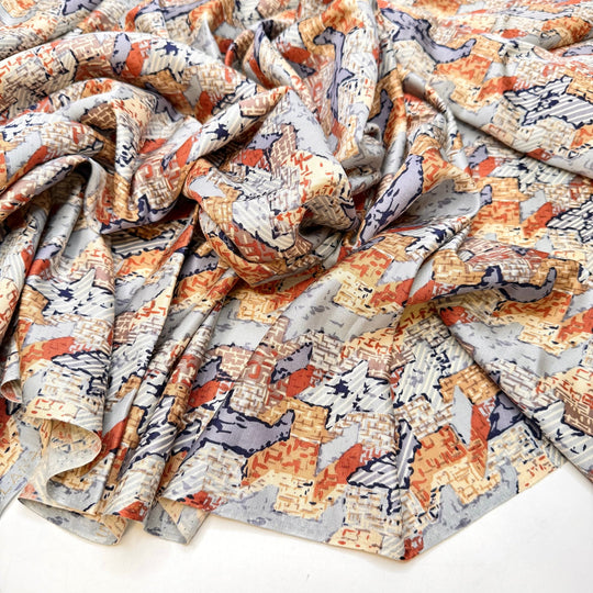 Lost In The Crowd - Satin Silk Woven - Light Blue/Beige Abstract - 1.2M Bundle - True Deadstock fabric Fabric by private - Sustainable Textile | FABCYCLE