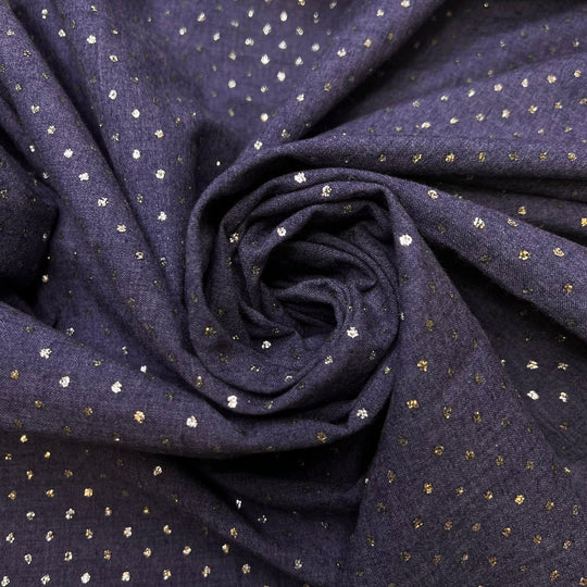 Making A Statement - Glitter Denim Cotton Blend Woven - Light Silver/Navy Polka Dots - 1.2M Bundle - True Deadstock fabric Fabric by private - Sustainable Textile | FABCYCLE