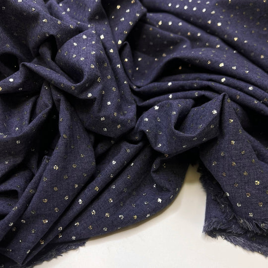 Making A Statement - Glitter Denim Cotton Blend Woven - Light Silver/Navy Polka Dots - 1.2M Bundle - True Deadstock fabric Fabric by private - Sustainable Textile | FABCYCLE