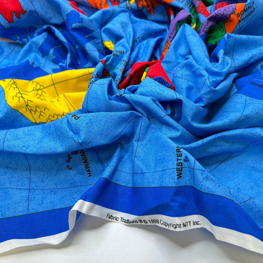 Making Your Way Around The World - Cotton Woven - Blue Multi World Map - 0.9M Bundle - True Deadstock fabric Fabric by private - Sustainable Textile | FABCYCLE