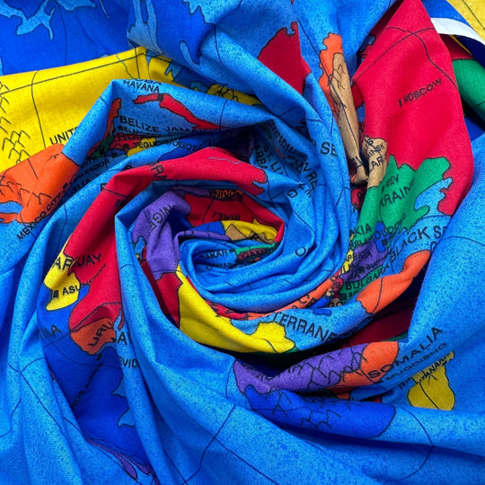 Making Your Way Around The World - Cotton Woven - Blue Multi World Map - 0.9M Bundle - True Deadstock fabric Fabric by private - Sustainable Textile | FABCYCLE