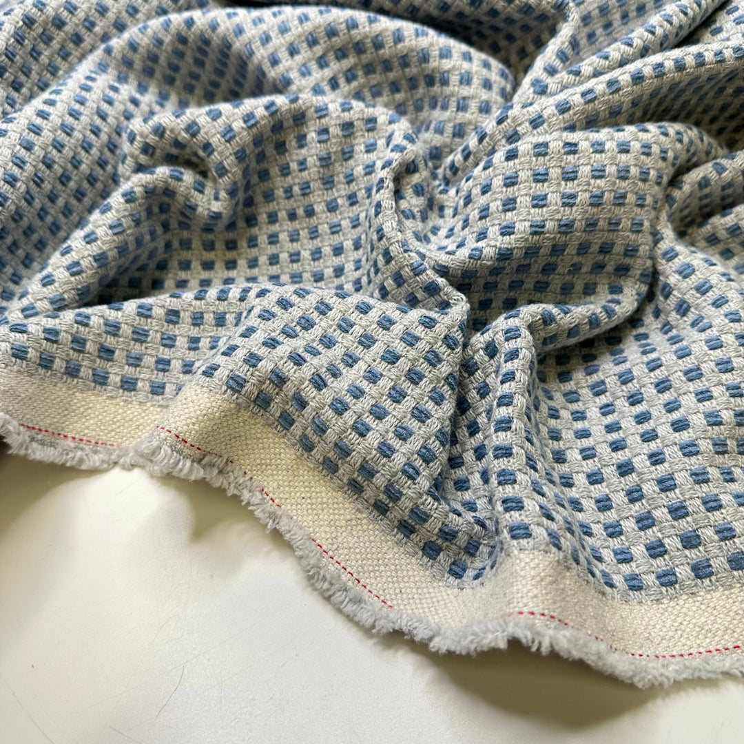 Marble Floor Hallway - Basket Weave Poly/Cotton Woven - White/Blue Plaid - 0.85M Bundle - True Deadstock fabric Fabric by private - Sustainable Textile | FABCYCLE