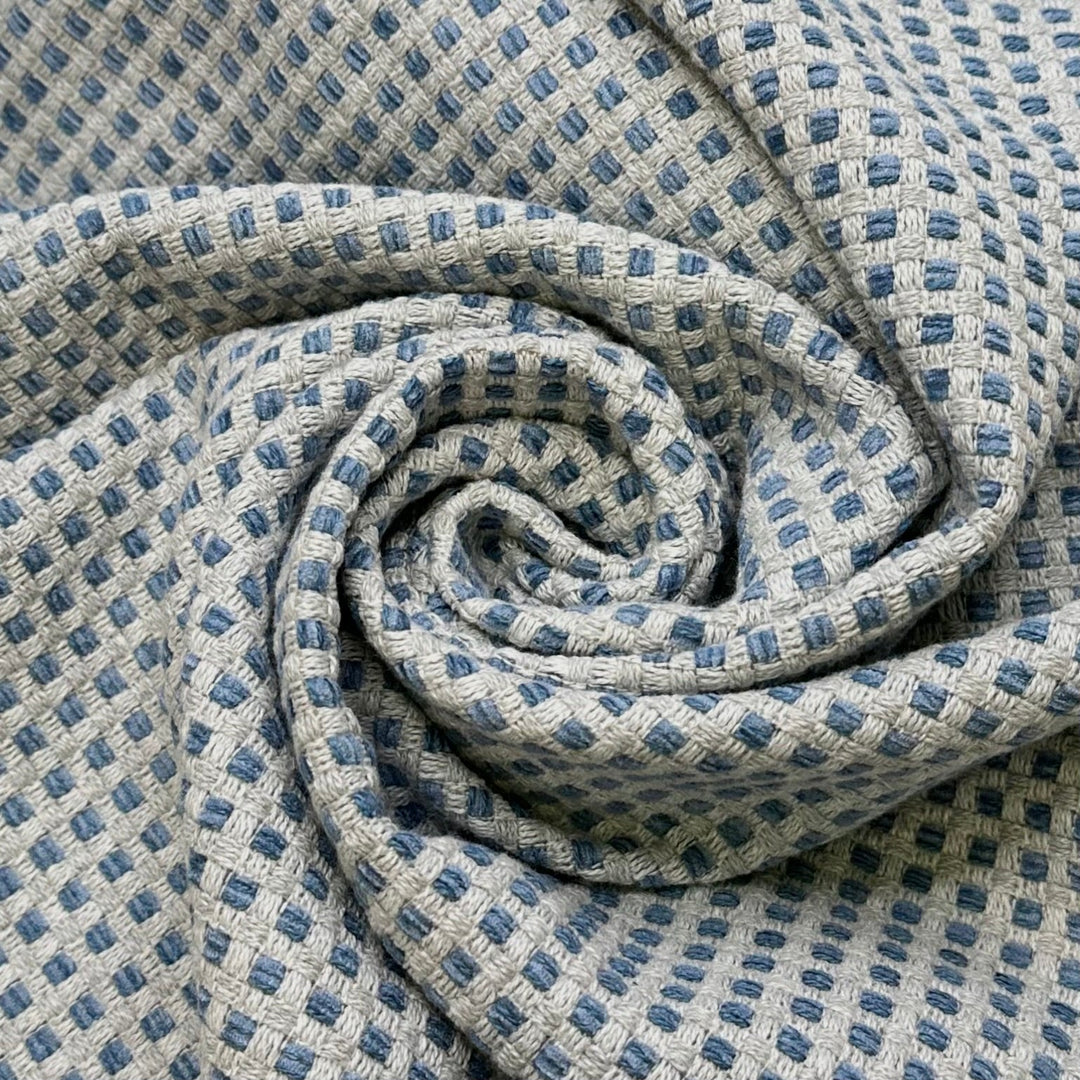 Marble Floor Hallway - Basket Weave Poly/Cotton Woven - White/Blue Plaid - 0.85M Bundle - True Deadstock fabric Fabric by private - Sustainable Textile | FABCYCLE