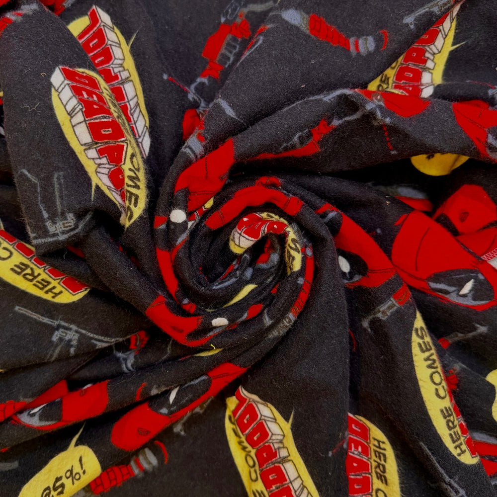 Maximum Effort - Flanel Cotton Woven - Black Multi Deadpool Comic Motif - 1.1M Bundle - True Deadstock fabric Fabric by private - Sustainable Textile | FABCYCLE