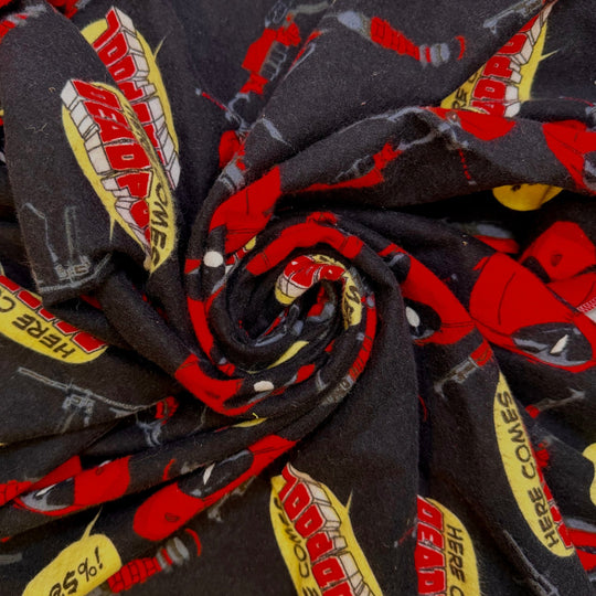 Maximum Effort - Flanel Cotton Woven - Black Multi Deadpool Comic Motif - 1.1M Bundle - True Deadstock fabric Fabric by private - Sustainable Textile | FABCYCLE