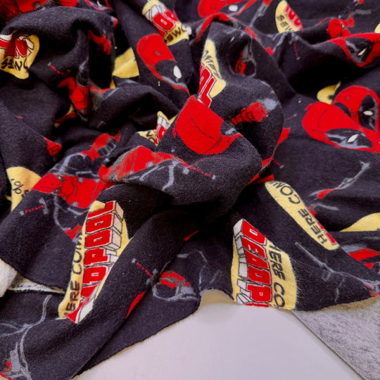 Maximum Effort - Flanel Cotton Woven - Black Multi Deadpool Comic Motif - 1.1M Bundle - True Deadstock fabric Fabric by private - Sustainable Textile | FABCYCLE