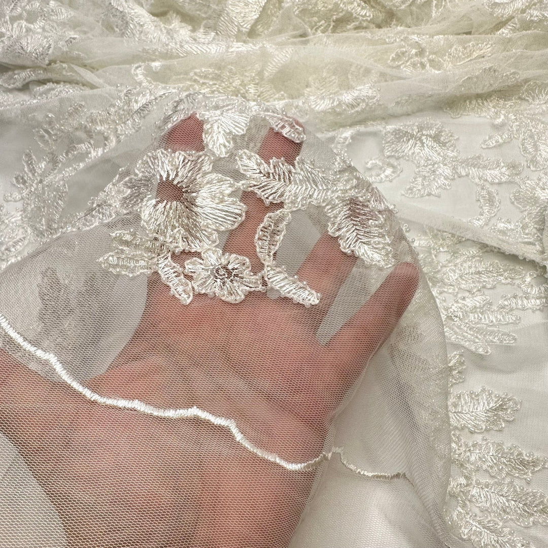 May Queen Gown Inspo - Beaded Lace Polyester Blend Woven - White Floral - Bundles - True Deadstock fabric Fabric by private - Sustainable Textile | FABCYCLE