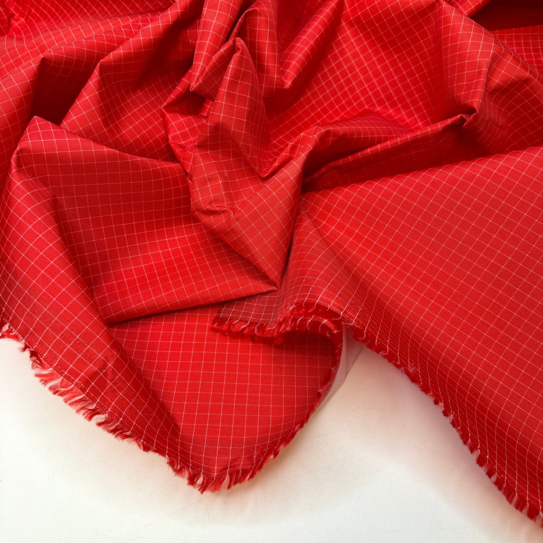 Measure Twice Cut Once - Waterproof Nylon/PU Woven - Red/White Geometric - 0.9M Bundle - True Deadstock fabric Fabric by private - Sustainable Textile | FABCYCLE