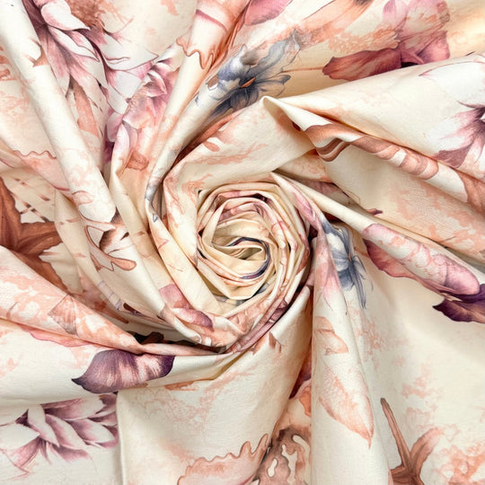 Memories Washing Ashore - Denim Cotton/Spandex Woven - Cream/Pink Floral - 1.75M Bundle - True Deadstock fabric Fabric by private - Sustainable Textile | FABCYCLE