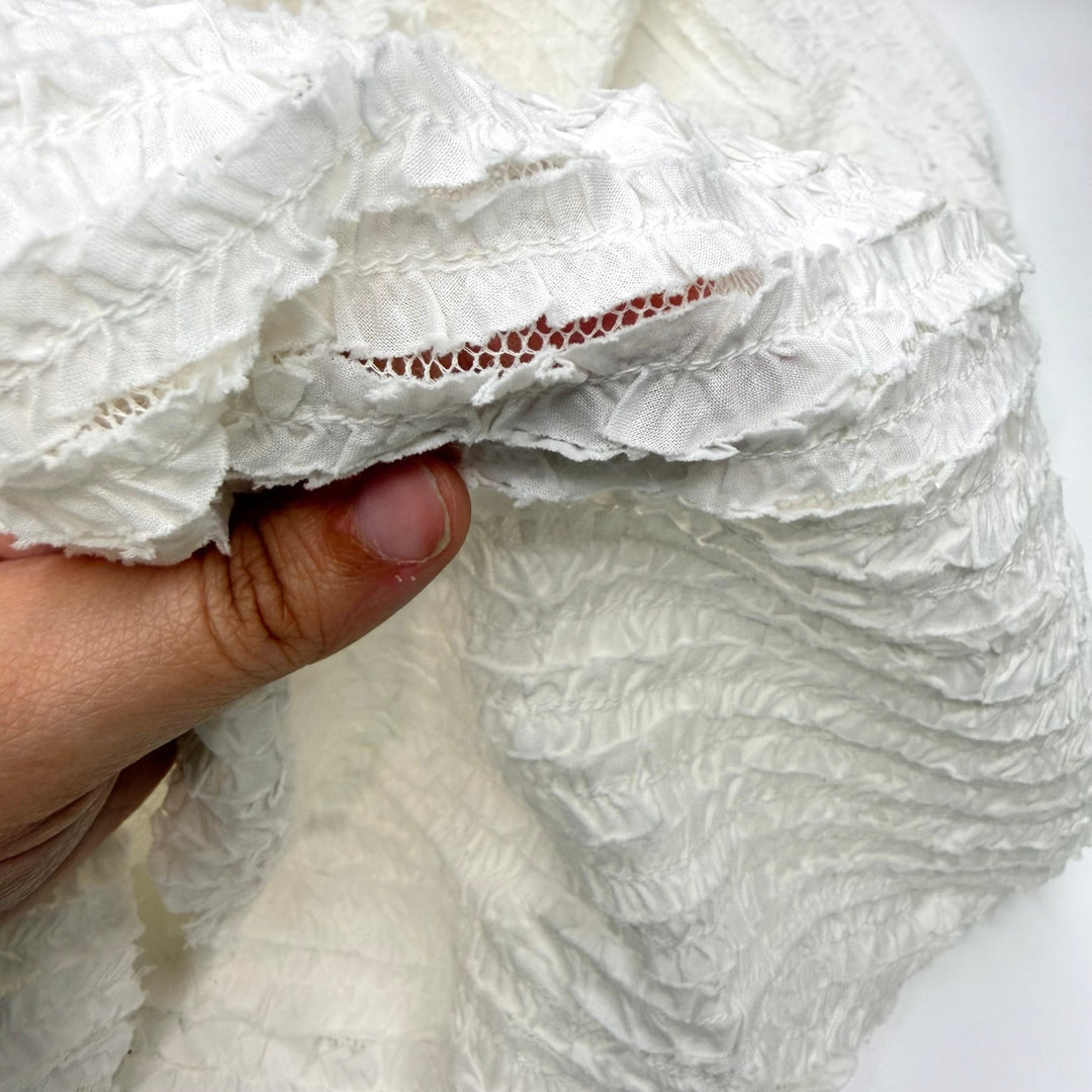 Mingling With The Socialites - Strips Of Rufffled Fabric Mesh Cotton Knit - White - 3.4M Bundle - True Deadstock fabric Fabric by private - Sustainable Textile | FABCYCLE