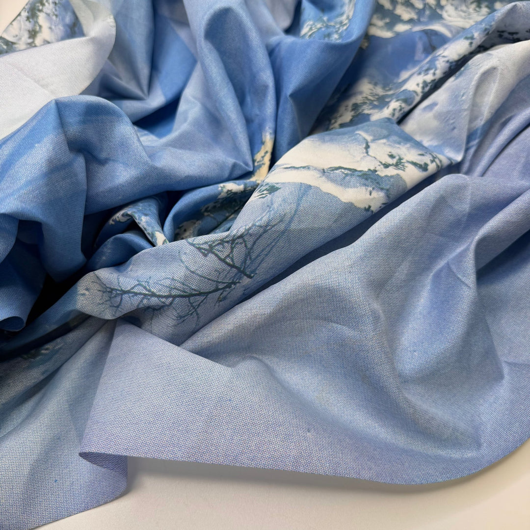 Natilla - Water Resistant Polyester Blend Woven - Light Blue Multi Mountain Landscape - 1.75M Bundle - True Deadstock fabric Fabric by private - Sustainable Textile | FABCYCLE
