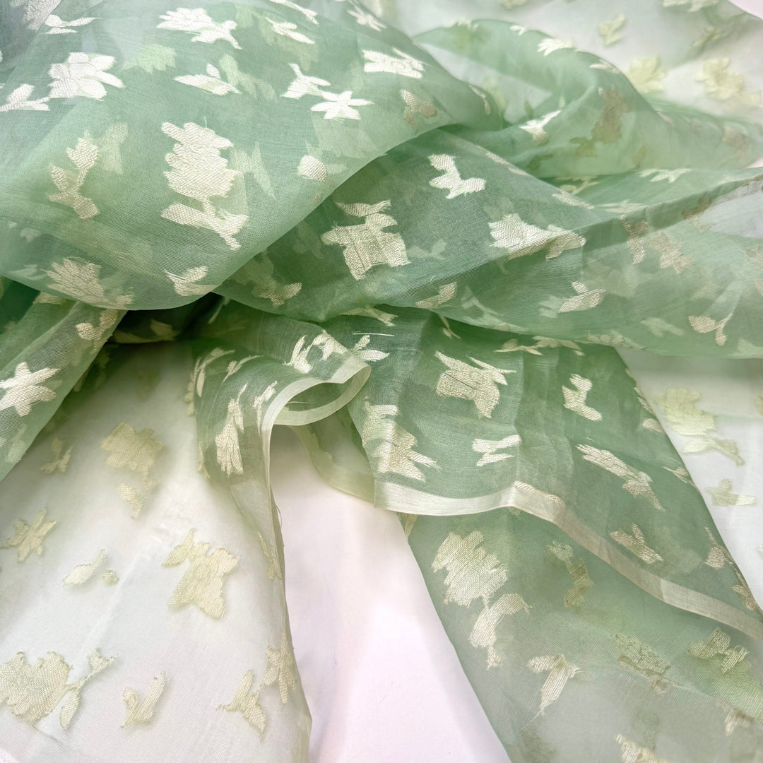 Nephrite Jade - Organza Silk Woven - Light Green Floral - 1M Bundle - True Deadstock fabric Fabric by private - Sustainable Textile | FABCYCLE