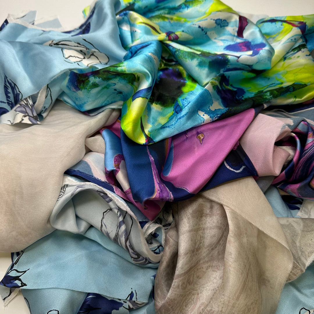 Never Blue - Off Cuts Satin Silk Woven - Blue Multi Floral - 0.4 Lb Bag - True Deadstock fabric Fabric by private - Sustainable Textile | FABCYCLE