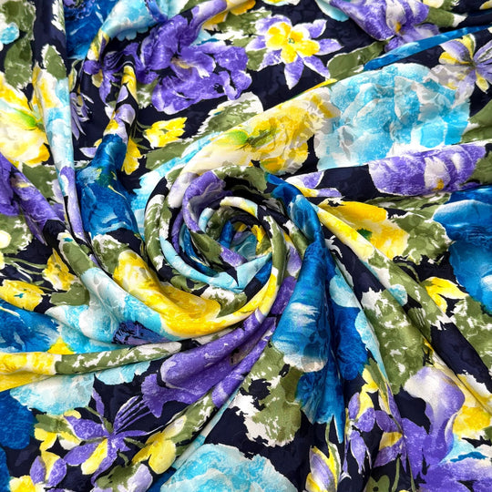 Never Too Old To Party - Satin Silk Woven - Blue/Yellow Floral - 1M Bundle - True Deadstock fabric Fabric by private - Sustainable Textile | FABCYCLE