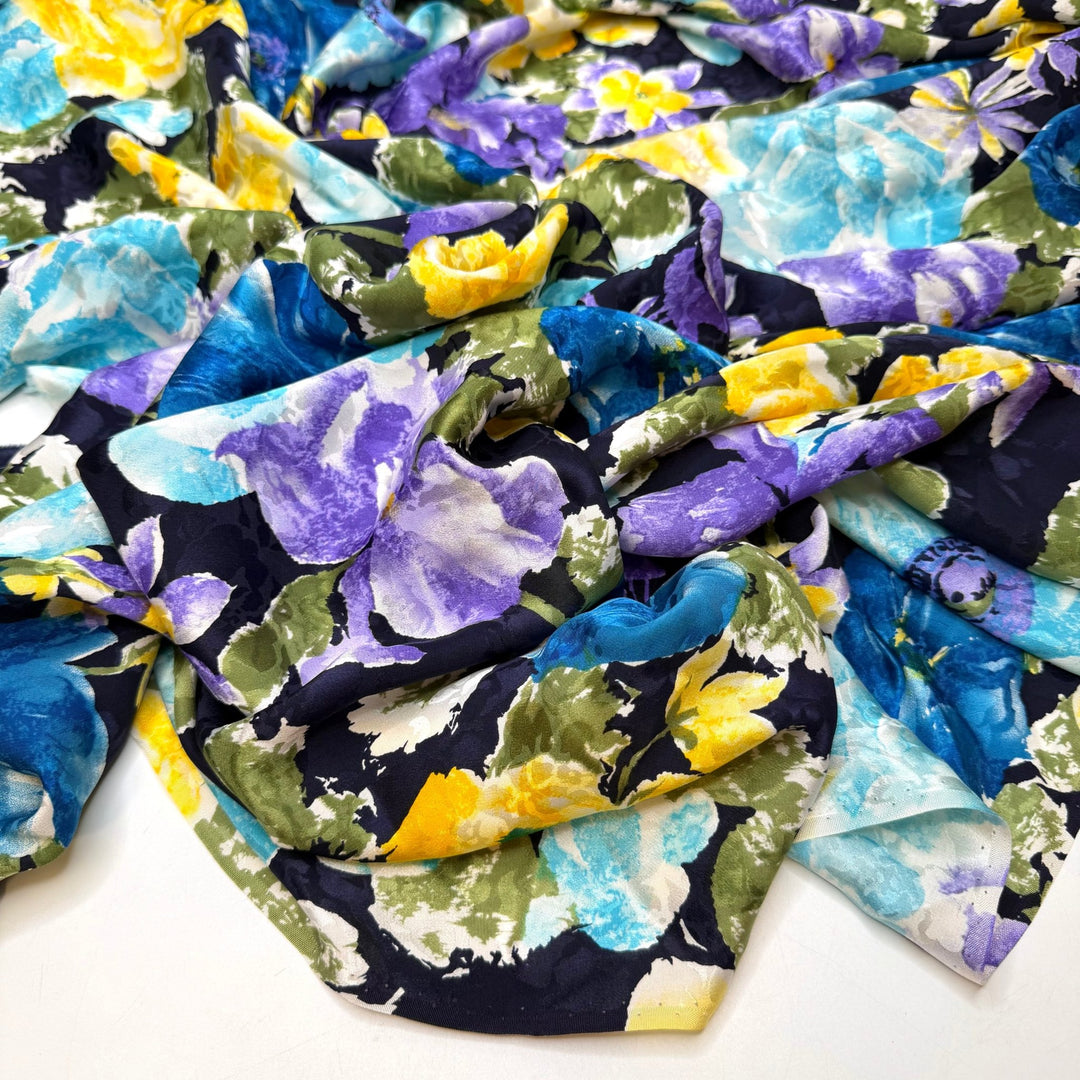 Never Too Old To Party - Satin Silk Woven - Blue/Yellow Floral - 1M Bundle - True Deadstock fabric Fabric by private - Sustainable Textile | FABCYCLE