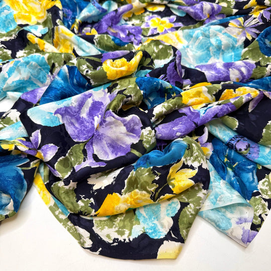 Never Too Old To Party - Satin Silk Woven - Blue/Yellow Floral - 1M Bundle - True Deadstock fabric Fabric by private - Sustainable Textile | FABCYCLE