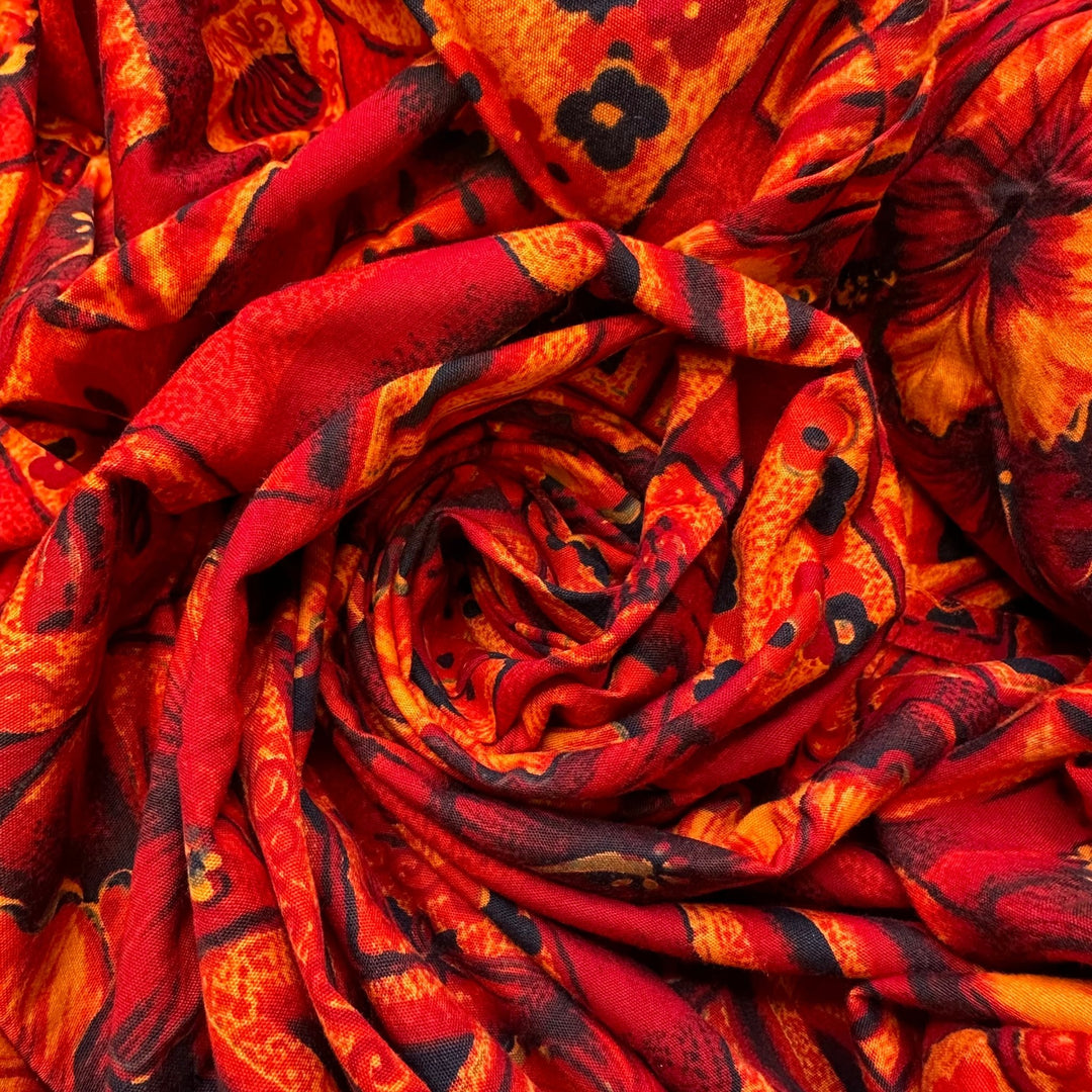 Next Stop Hawaiian Volcano - Cotton Woven - Red Multi Hawaiian Floral - 2.7M Bundle - True Deadstock fabric Fabric by private - Sustainable Textile | FABCYCLE