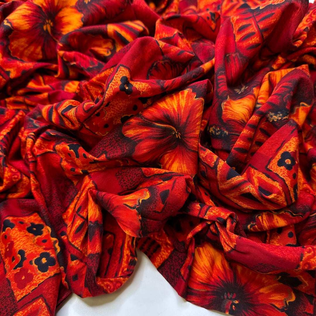 Next Stop Hawaiian Volcano - Cotton Woven - Red Multi Hawaiian Floral - 2.7M Bundle - True Deadstock fabric Fabric by private - Sustainable Textile | FABCYCLE