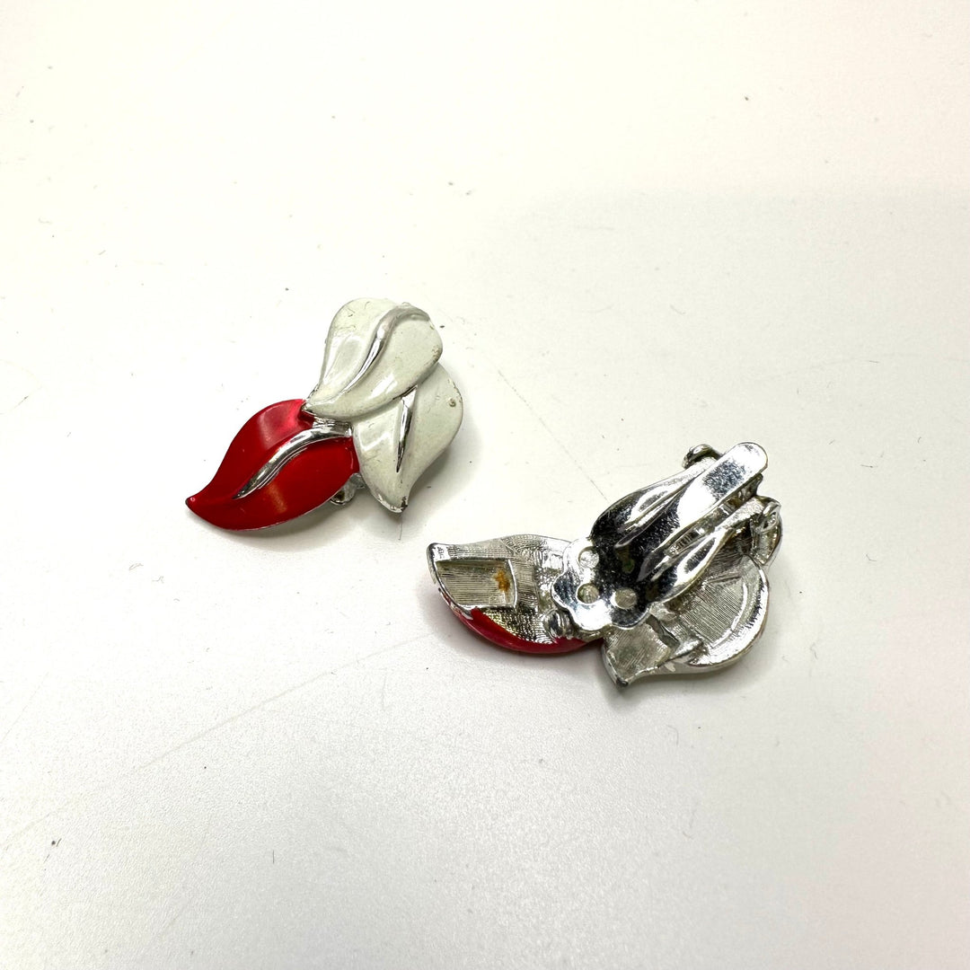 Painted Silver Clip On Earrings Costume Jewelry - White/Red - Individual - True Deadstock supplies Fabric by private - Sustainable Textile | FABCYCLE