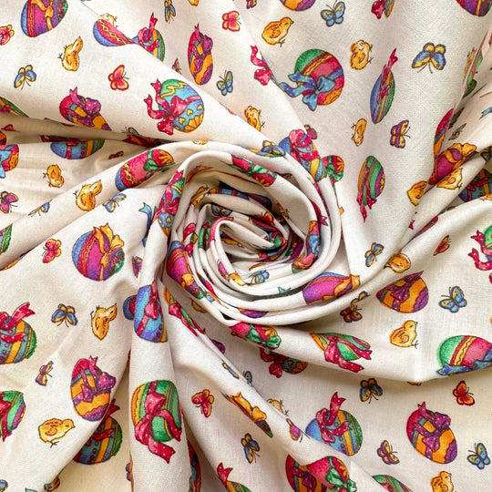 Painting Eggs - Cotton Woven - White Multi Easter - 2M Bundle - True Deadstock fabric Fabric by private - Sustainable Textile | FABCYCLE