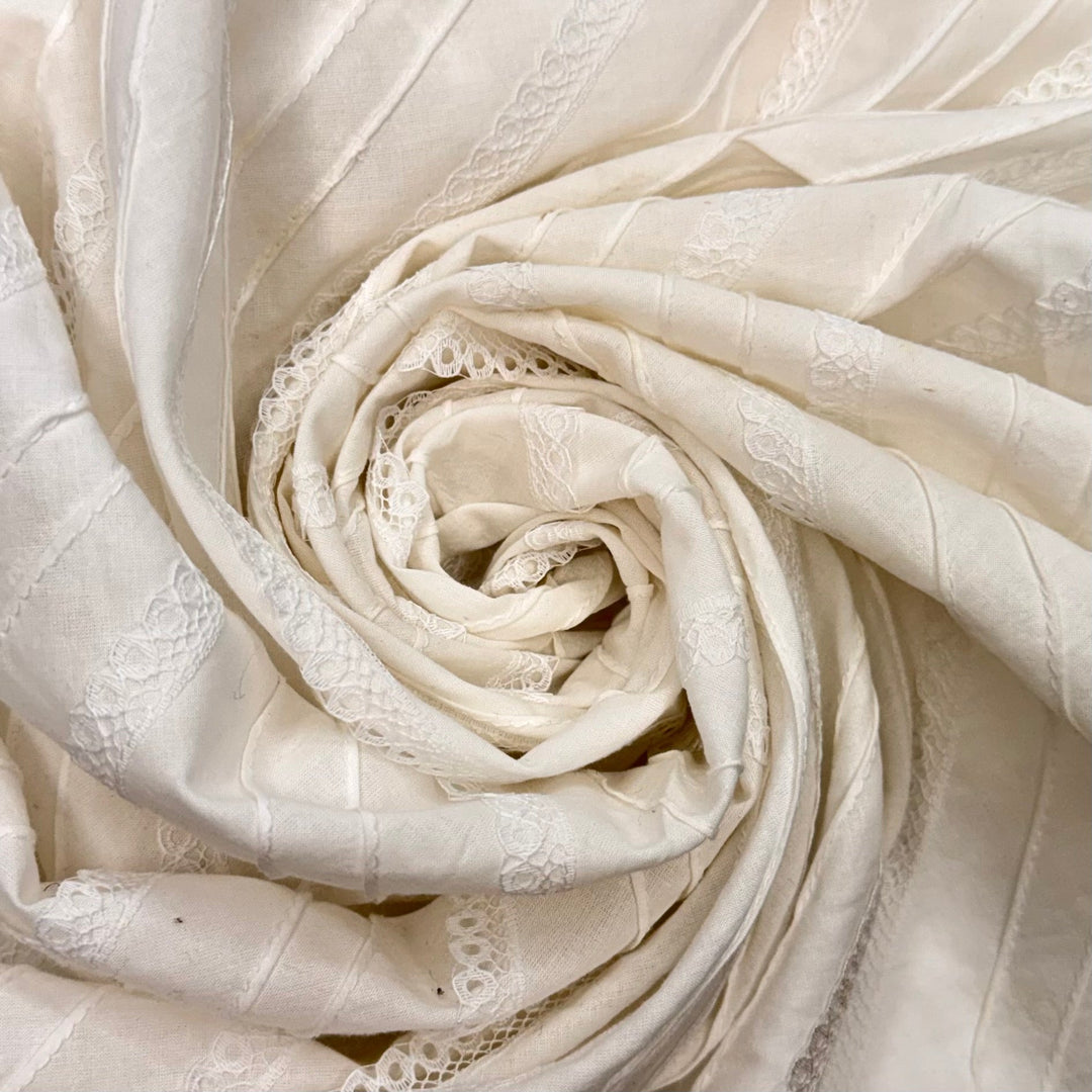 Parasol Picnic - Cotton Woven - Lace Sewn Diagonally On Fabric - White - 2.6M Bundle - True Deadstock fabric Fabric by private - Sustainable Textile | FABCYCLE