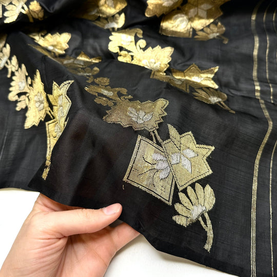 Paving My Yellow Brick Road - Gold Metallic Embroidery Chiffon Silk Blend Woven - Black/Gold Floral - 4.4M Bundle - True Deadstock fabric Fabric by private - Sustainable Textile | FABCYCLE