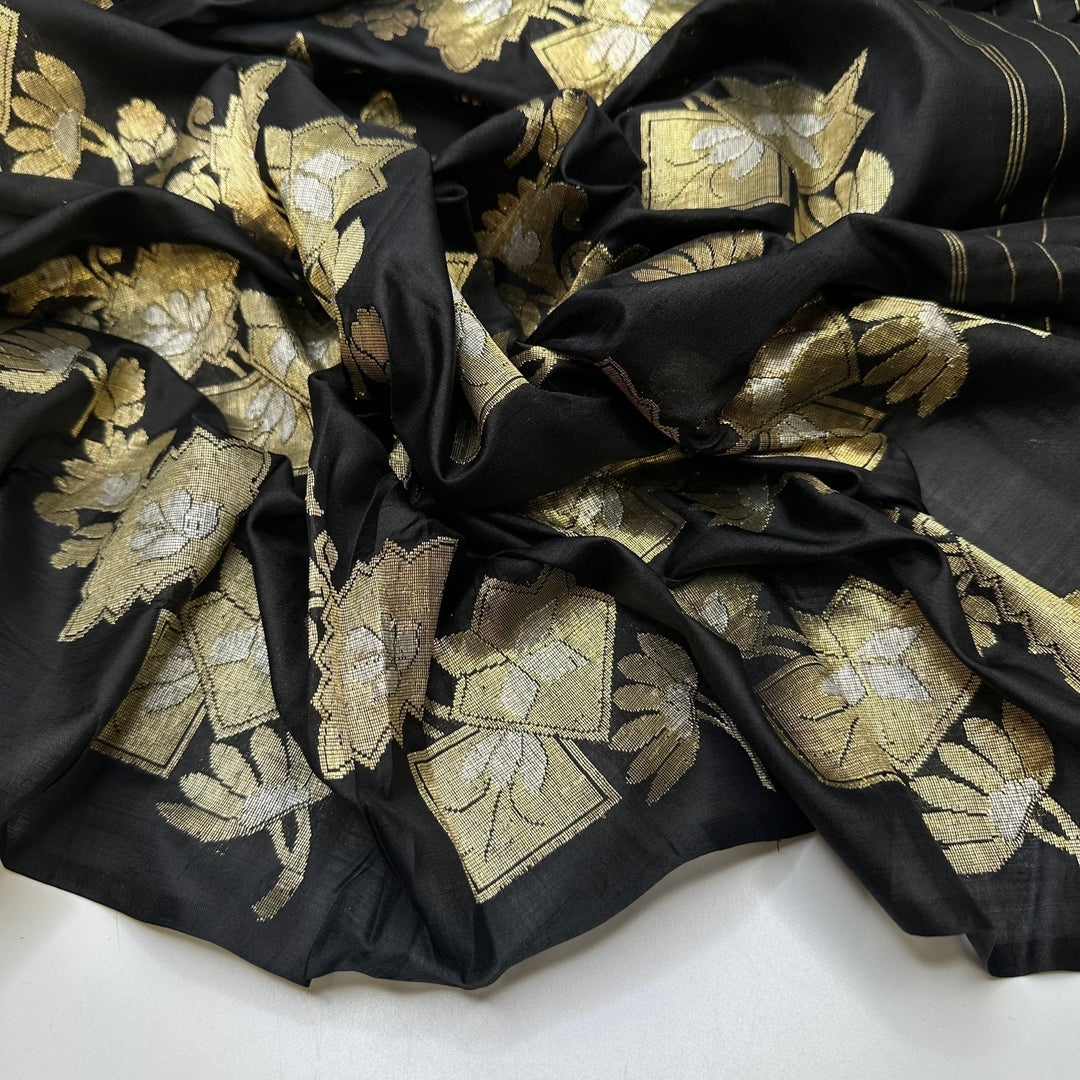 Paving My Yellow Brick Road - Gold Metallic Embroidery Chiffon Silk Blend Woven - Black/Gold Floral - 4.4M Bundle - True Deadstock fabric Fabric by private - Sustainable Textile | FABCYCLE
